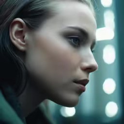 a woman standing in front of a window looking to the side