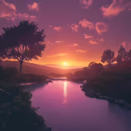 a painting of a sunset and a river