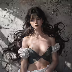 a woman sitting on the ground with long brown hair