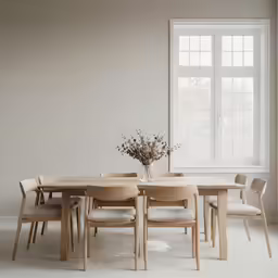 a white table with wooden chairs next to an open window
