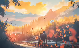 two people on bicycles riding down a road at sunset