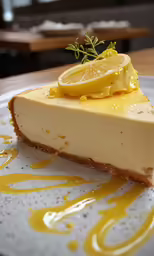 a slice of cheesecake with lemon on top