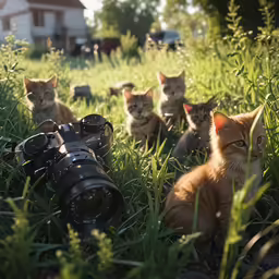 a camera is set in the grass beside several kittens