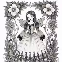 a drawing of a fairy with flowers and leaves