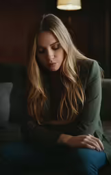 woman sitting on couch staring down at the ground
