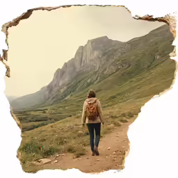 a girl is walking up a small hill side