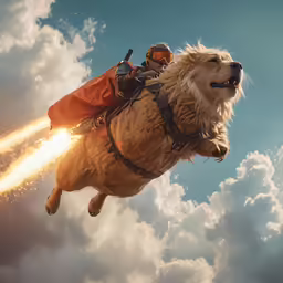 dog with rider and firework in back, sitting on a rocking horse