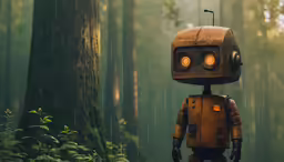 a robot that is standing in the middle of a forest