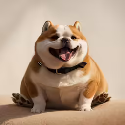 a brown and white dog with a black collar smiles