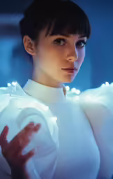 a woman dressed in white in an animated style