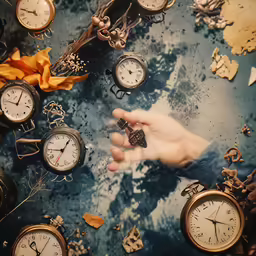 a person standing in front of several clocks