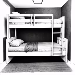 two bunk beds in a small room with a carpet