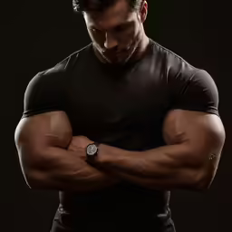 a man with his arms crossed poses for a studio portrait