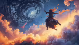 a woman on horseback rides above a mountain with clouds