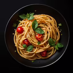 a plate full of spaghetti with tomatoes and basil