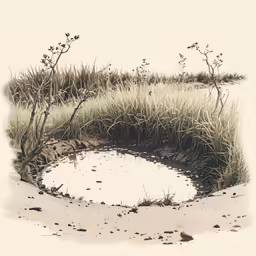 a drawing of a field with grass and a water hole in the middle