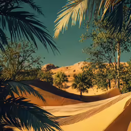 palm trees are shown against a desert landscape