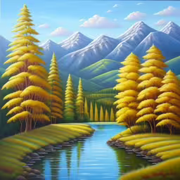 a painting of trees and a river in a mountain,the painting depicts a river surrounded by mountains