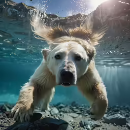 a polar bear is swimming in a lake
