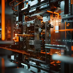 some machinery in an industrial building with the light coming from the ceiling