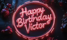 a birthday victory neon sign on a black table