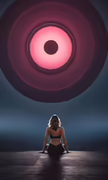 a woman sitting in front of a wall with an object on top of it