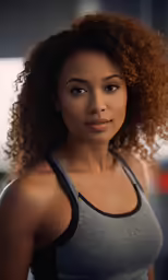 woman with curly hair wearing tank top and looking into camera