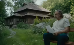 a man sitting on a bench in front of a house