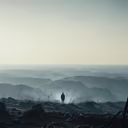 a lone person standing on top of a mountain
