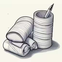 a pencil and a roll of cloth and pen,two rolls of wrapping paper next to a pen