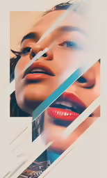 a woman with red lips and some torn up paper