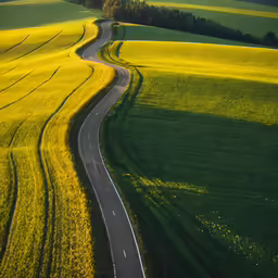 a small curvy road leads through an expanse of green fields