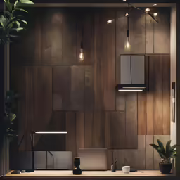 there are some lights that are above a desk