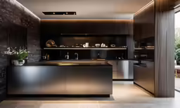 the dark wooden counter top in the kitchen