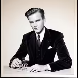black and white photograph of a man wearing a tux