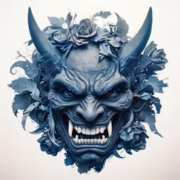 a mask with a strange demon face painted on it