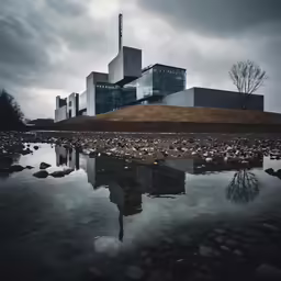 a building in the background on a lake