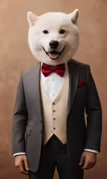 a white dog in a tuxedo wearing a red bow tie