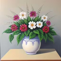 a painting of flowers in a vase with greenery,the painting depicts a vase with a bouquet of flowers