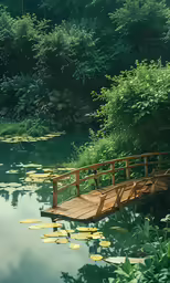 a wooden bridge over a pond of water near green leaves