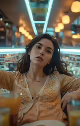 a woman sitting next to a table with orange juice