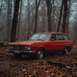 a vintage car parked next to a tree in a wooded area