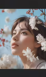 a close up of a person wearing a flower in their hair