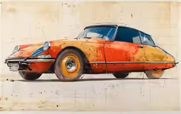 an orange and white car sitting next to a wall