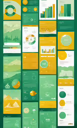 an overview of the green and yellow material for various slides,a series of info board with an image of a variety of colorful, abstract designs