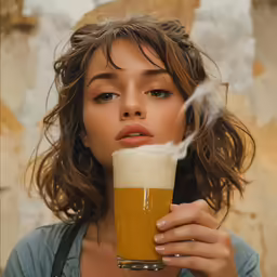a woman holding a cup with a liquid coming from it