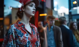 a woman in a red hat on the street