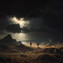 two people on the beach under storm clouds
