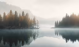 misty forest and fog covered lake during daytime