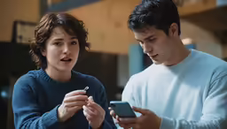 two boys looking at something on their cell phones